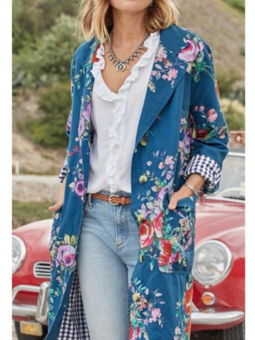 Sundance linen and cotton Blue Floral Trench Coat runs more like a loose small
